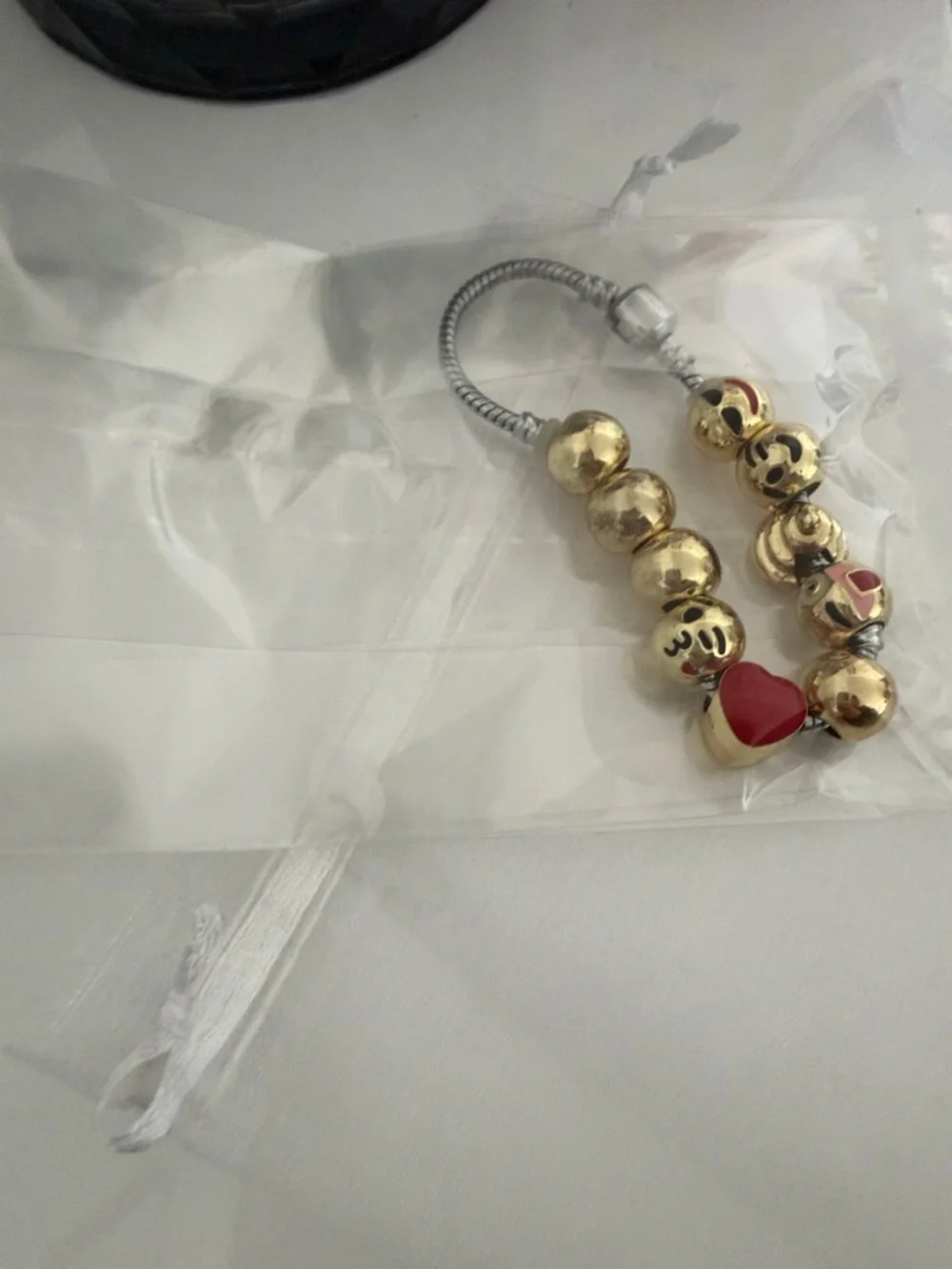 Gold Emoji Bead Charm Bracelet with Red Heart